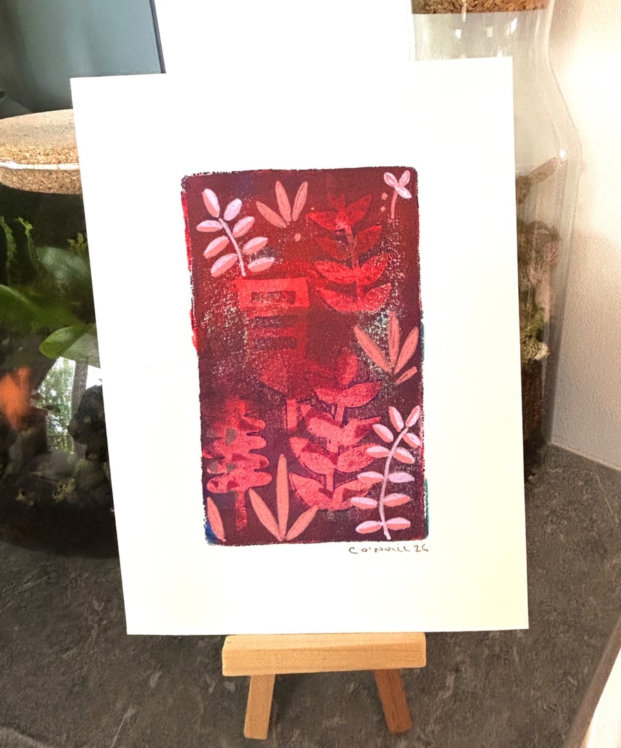 Garden chair in pinks and red.  Monoprint - Original Art