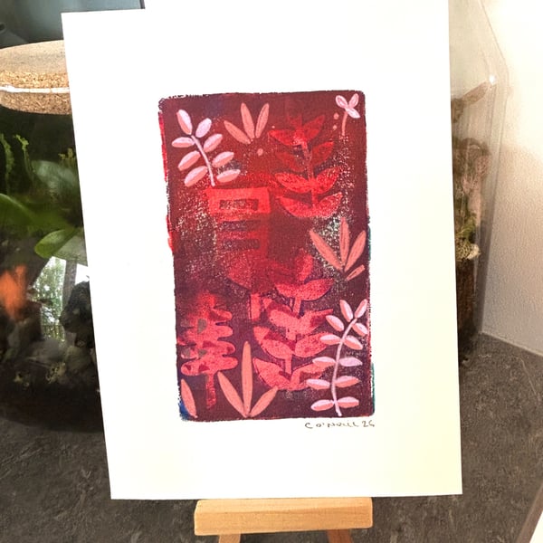 Garden chair in pinks and red.  Monoprint - Original Art