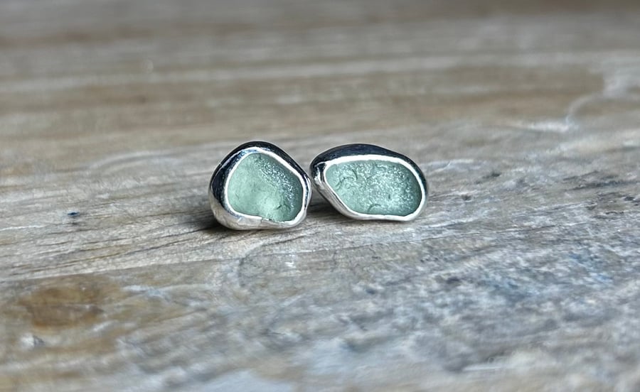 Handmade Sterling & Fine Silver Stud Earrings with Sage Green Welsh SeaGlass