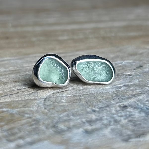 Handmade Sterling & Fine Silver Stud Earrings with Sage Green Welsh SeaGlass