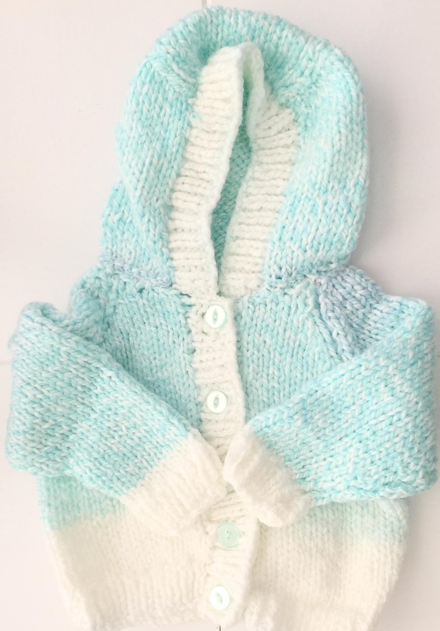 Cute Hand Knitted Aqua and White Hooded Baby Jacket 12 months