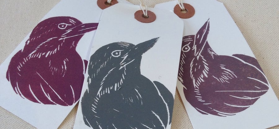 Hand printed bird gift tags