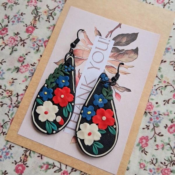 CLEARANCE! polymer clay earrings handmade- reduced-black folk art