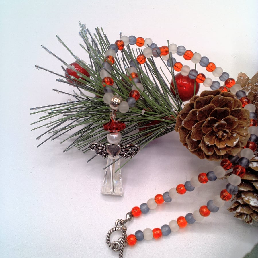 Beaded Christmas Angel Pendant on a Red Black & White Beaded Necklace