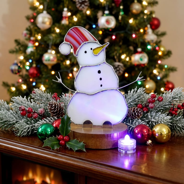 Snowman Stained Glass Lamp Suncatcher Tealight Holder Nightlight Christmas