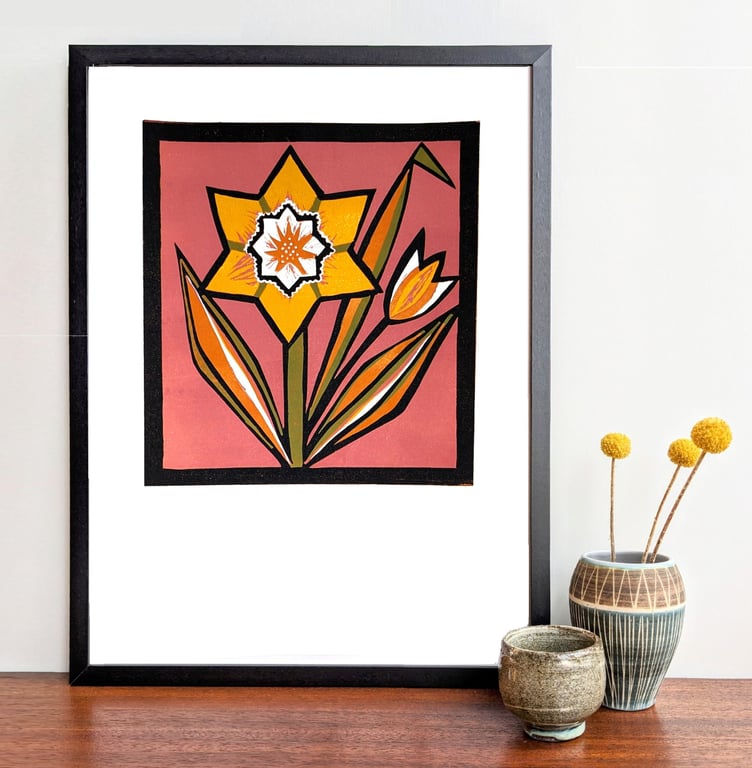 Original Handmade Linoprint – Stylised Daffodil Botanical Art