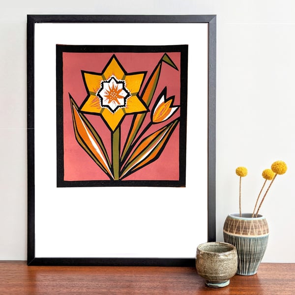 Original Handmade Linoprint – Stylised Daffodil Botanical Art