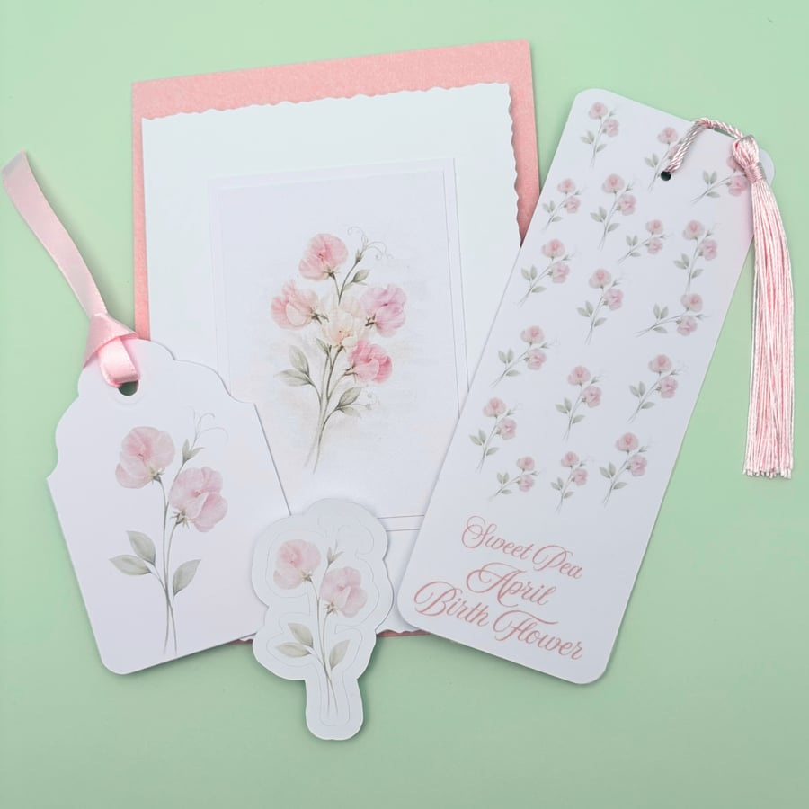 Sweet Pea April Birth Flower Mini Gift Set - Botanical Card, Bookmark & Gift Tag