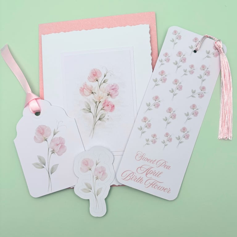 Sweet Pea April Birth Flower Mini Gift Set - Botanical Card, Bookmark & Gift Tag