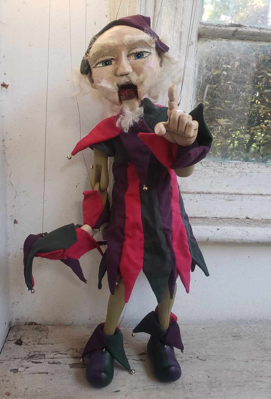 jester marionette strung puppet handmade using recycled materials