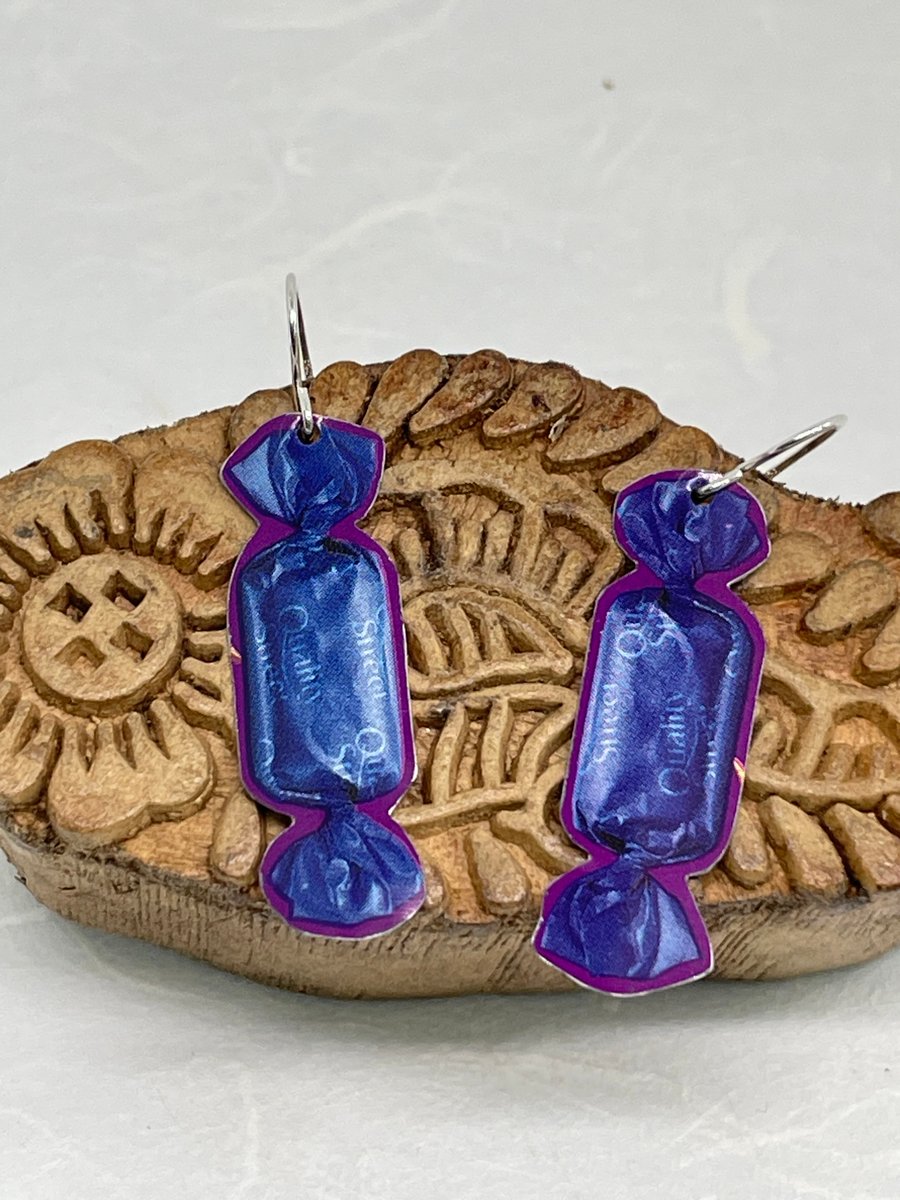 Coconut Eclair, Recycled Quality Street Tin Earrings with Silver