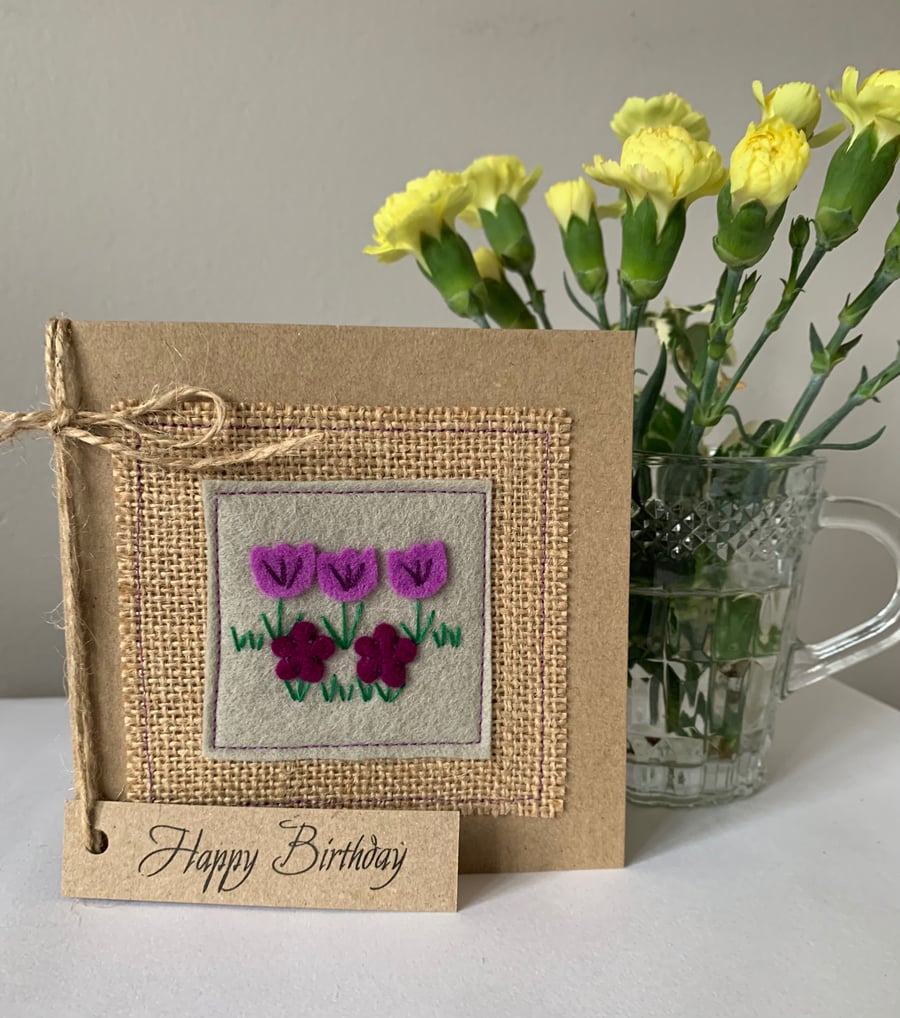 Birthday card. Purple and deep red flowers. Wool felt. Handmade Card.
