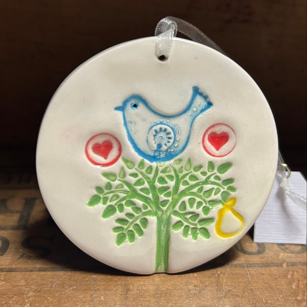 Perfectly imperfect Partridge in a pear tree ceramic Christmas decoration
