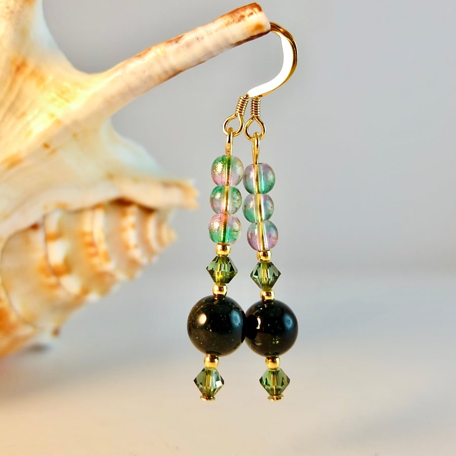 Green Goldstone Earrings, Swarovski Crystals & Glass Beads - Handmade In Devon