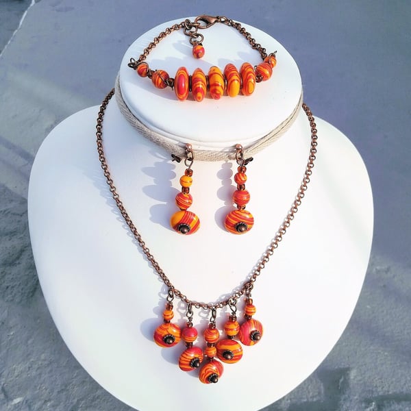 Antique Copper Orange Mosaic Bead Necklace Bracelet & Earring Set