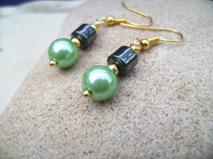 Hematite Green Glass Pearl  Earrings