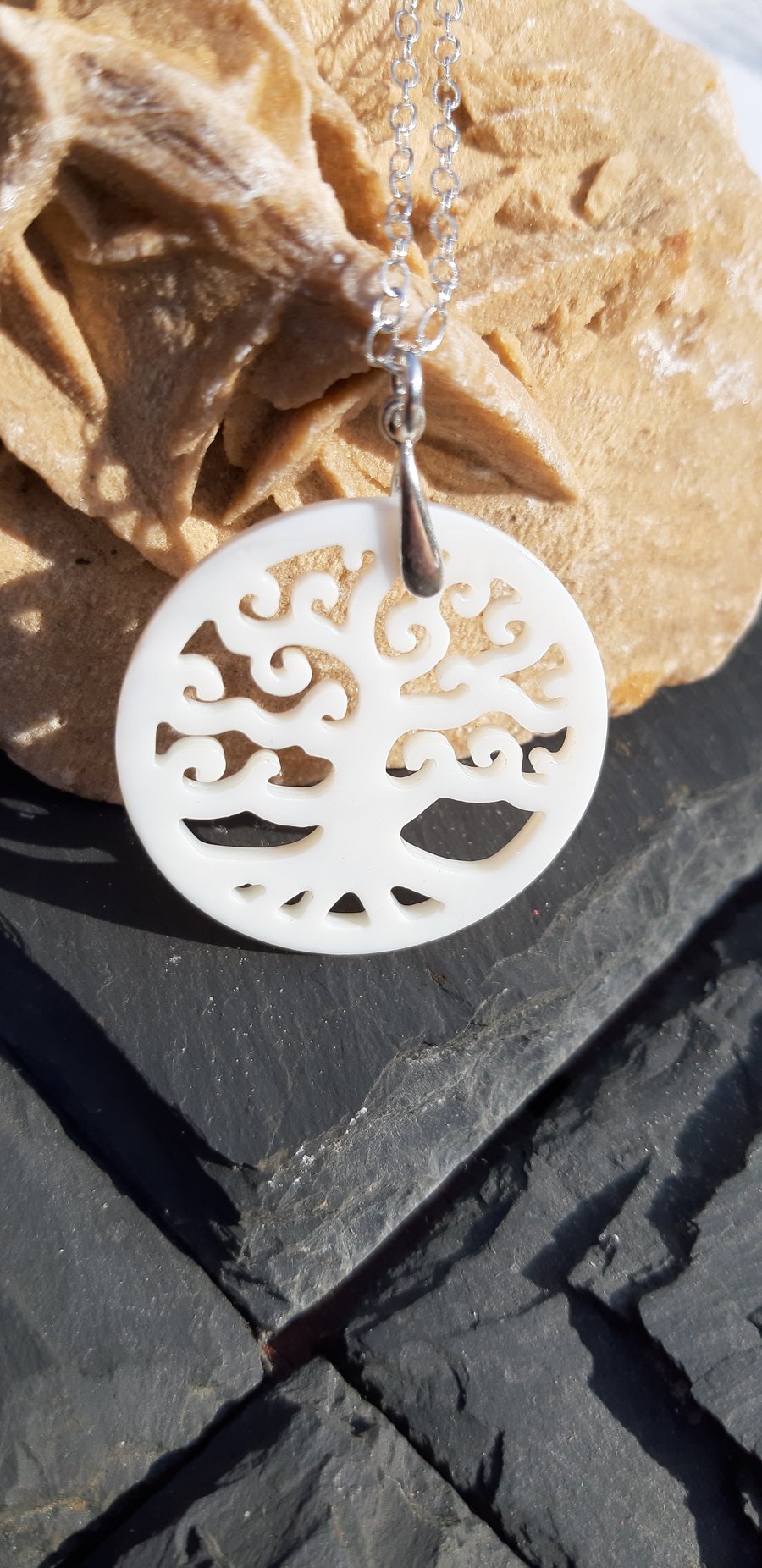 Carved Shell Tree of Life Pendant and Sterling Silver Chain