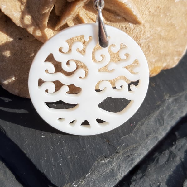 Carved Shell Tree of Life Pendant and Sterling Silver Chain