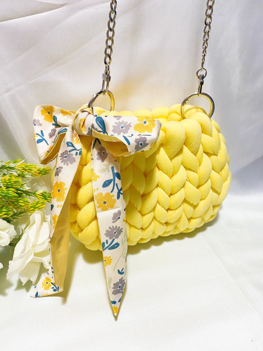Handmade Bag - Yellow colour Yarn with Golden, Silver or Pearls Chain