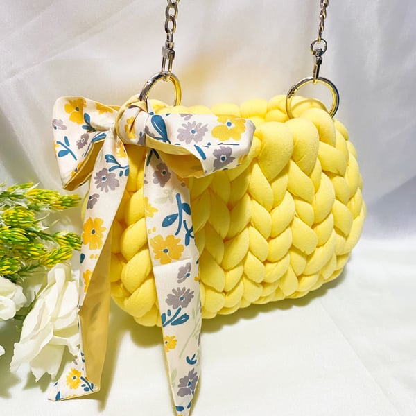 Handmade Bag - Yellow colour Yarn with Golden, Silver or Pearls Chain