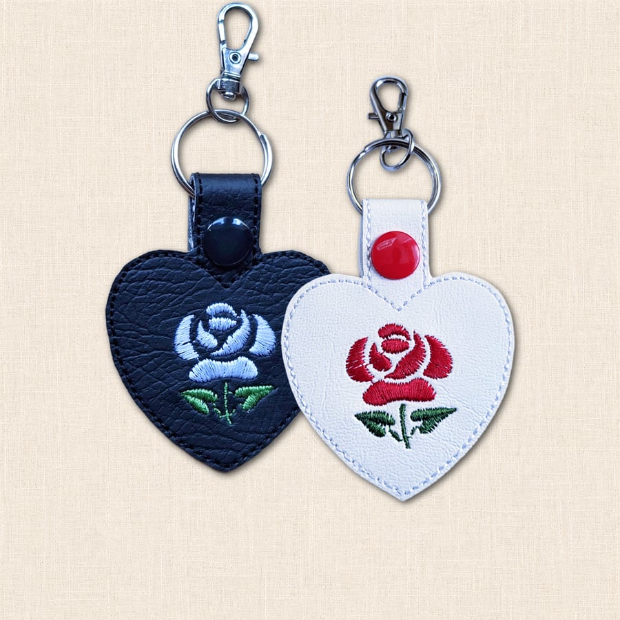 Rose Heart Keyring - Embroidered Faux Leather Floral Bag Charm