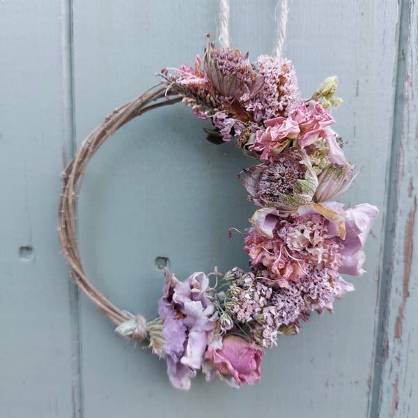 Dried Flower and Foliage Small Wreath Decoration.  Handmade. 10cm Wide.