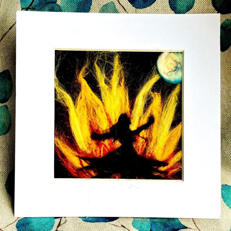 Beltane Fire Dance - Wool Painting, Needle Felted Original Art, Wall Hanging