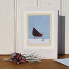 Little Hen in Snow - hand-stitched miniature on recycled card for any occasion