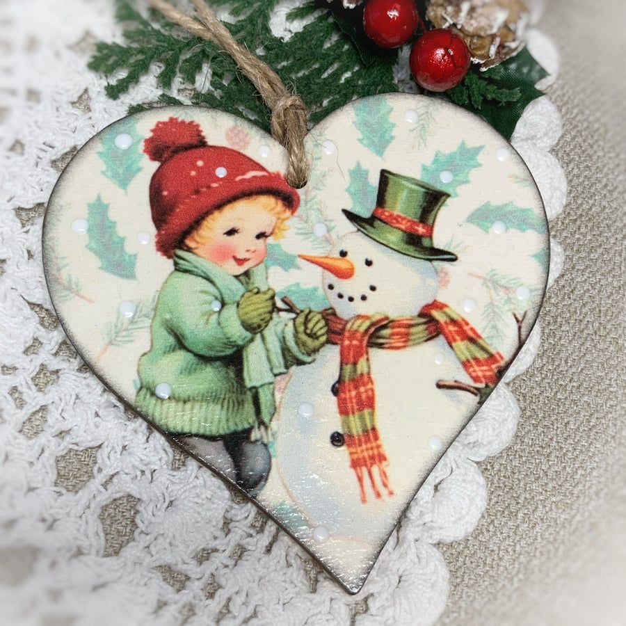 Vintage inspired Nostalgia Christmas Decorations, Snowman and Boy