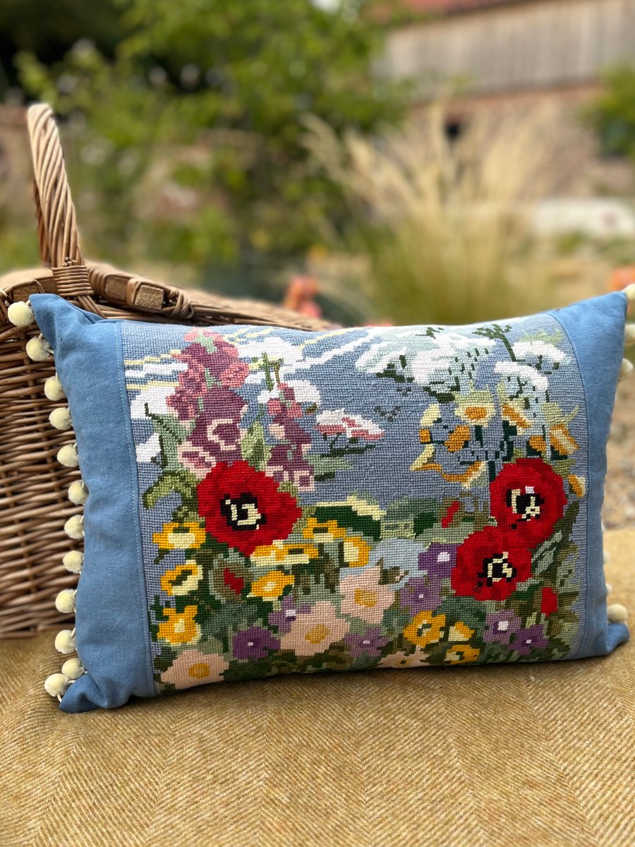 Colourful flowers tapestry cushion cover with repurposed blue canvas and pompoms