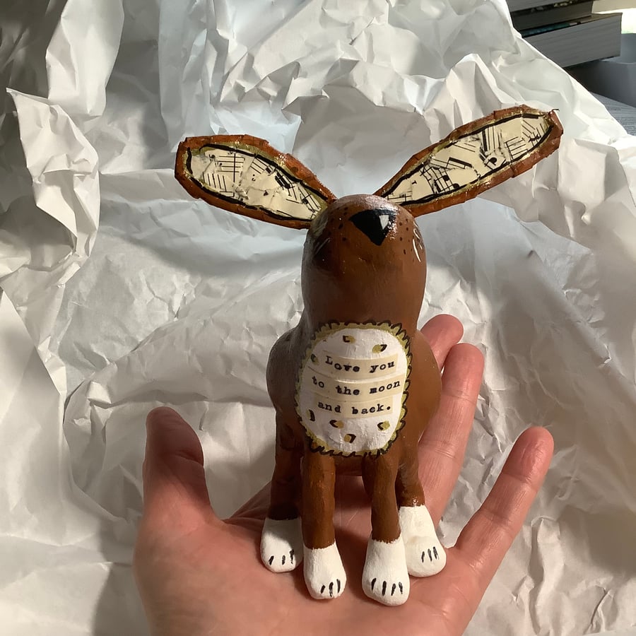 Papier-mâché hare sculpture. Love you to the moon and back. Easter. 