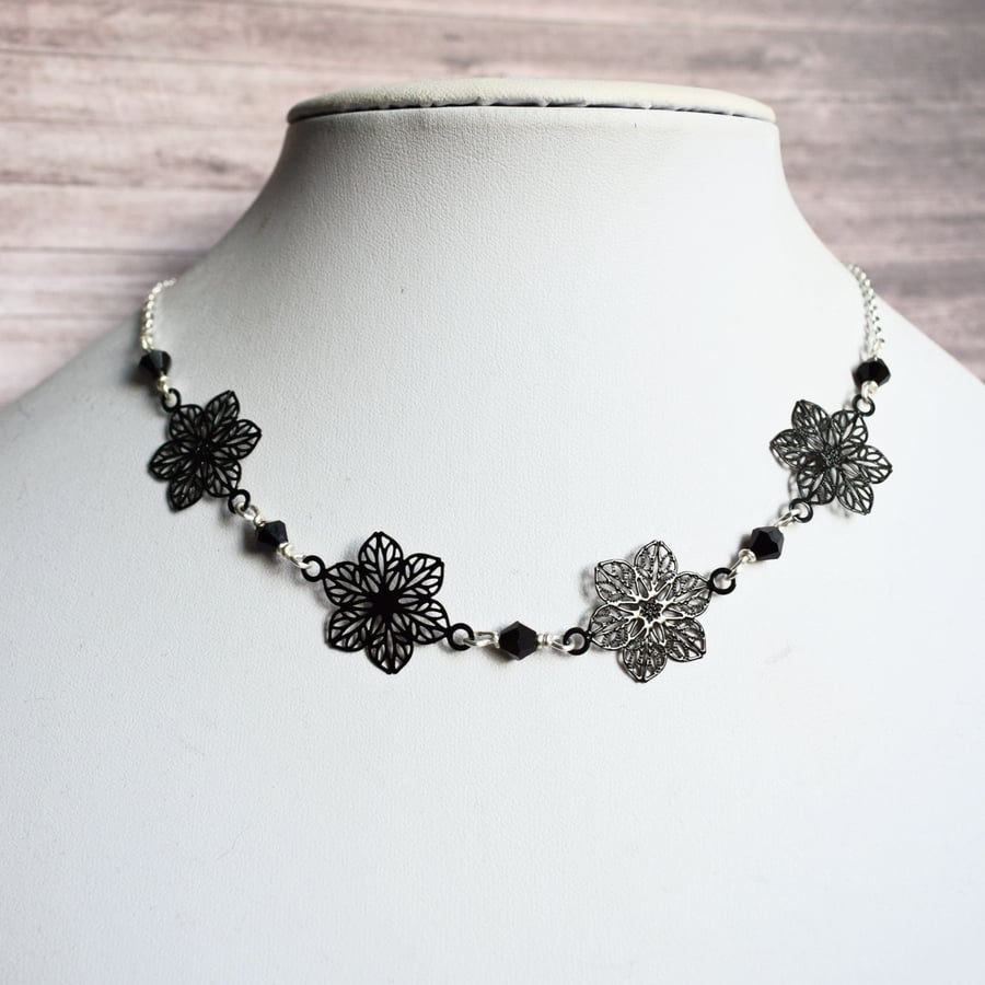 Black Filigree Flower Link Necklace