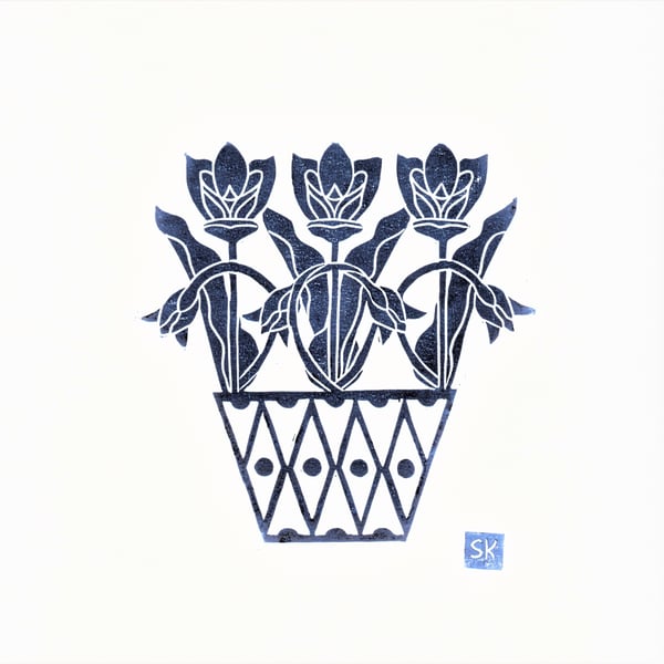 Pot of Tulips Lino Print
