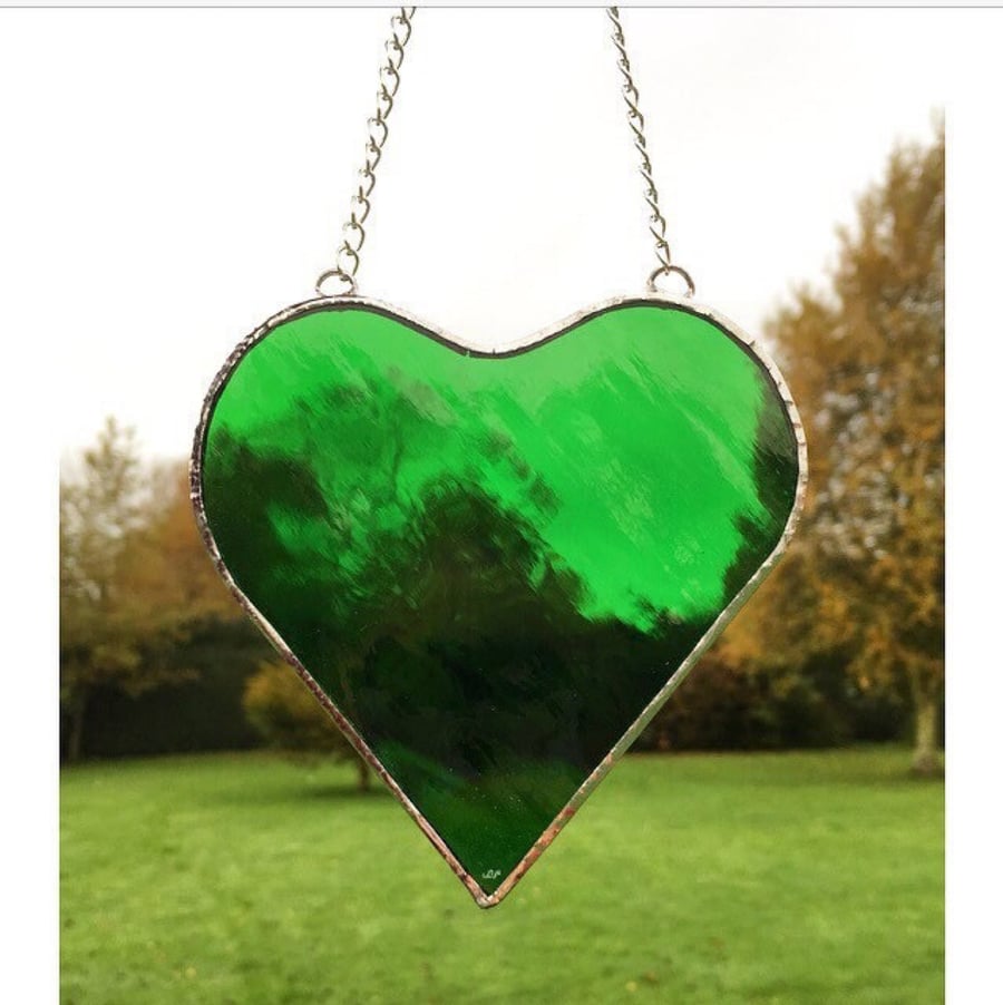 Stained Glass Transparent Green Heart Suncatcher Decoration 