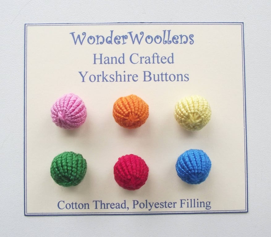Yorkshire Buttons, Set of Six 15mm, Handmade Spherical Multicolour