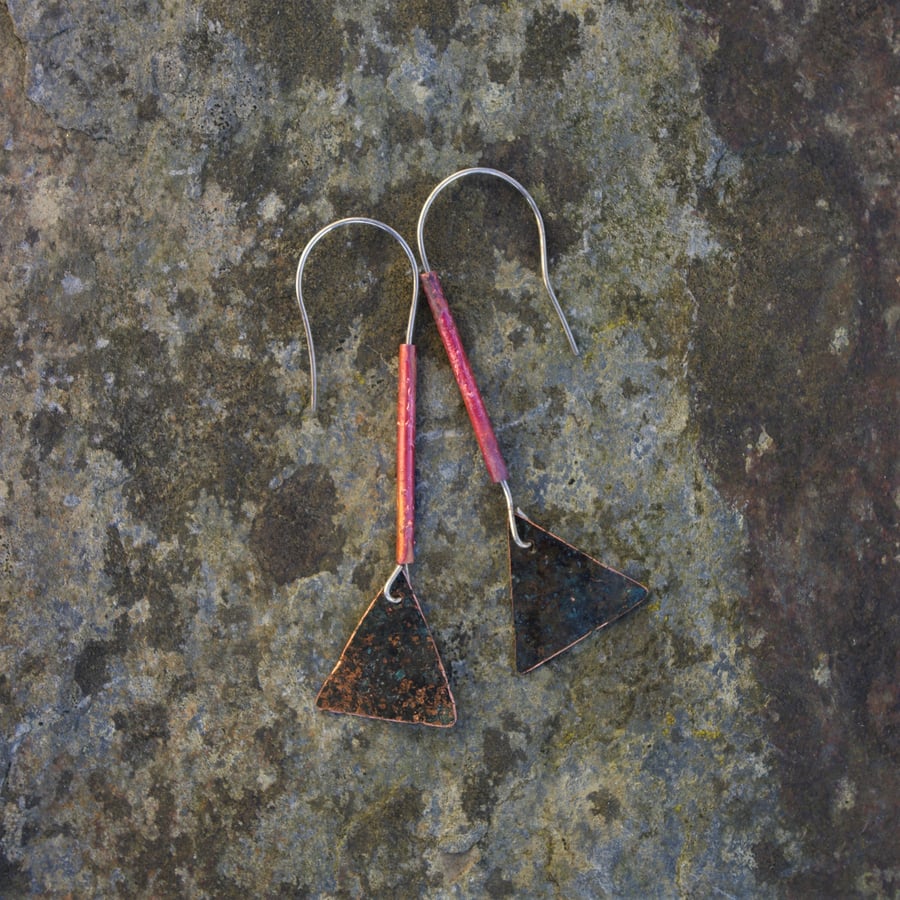 Verdigris Triangle and Red Copper Dangle Earrings