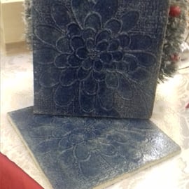 Handmade ceramic blue embossed tile coaster x 2