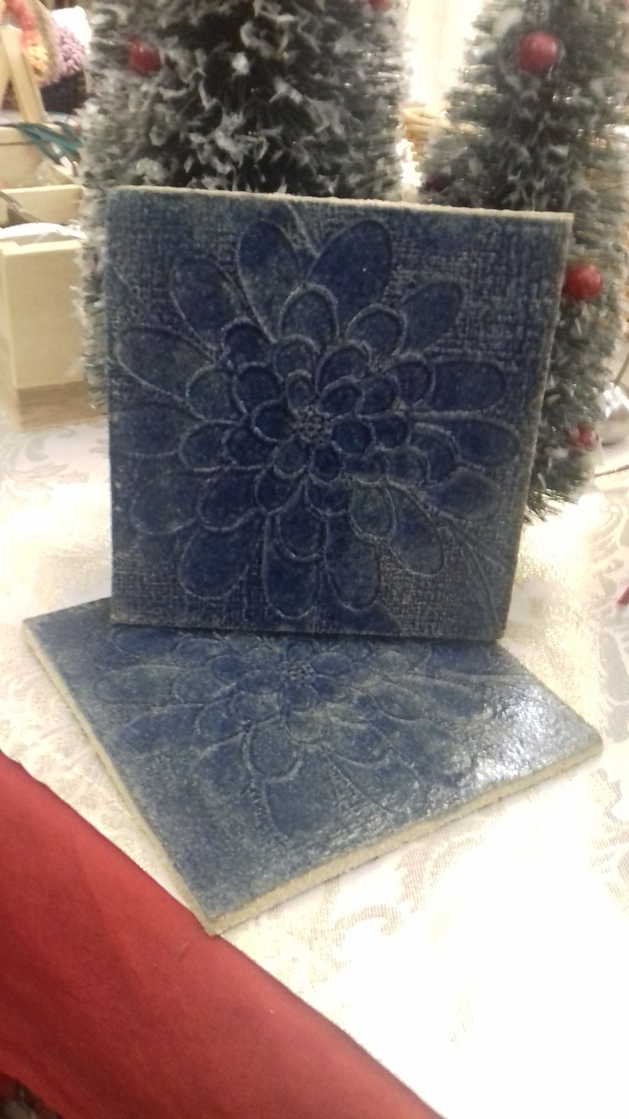 Handmade ceramic blue embossed tile coaster x 2