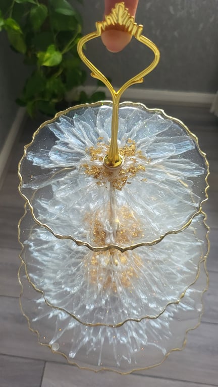 Handmade 3 Tier Epoxy Resin Cake Stand, Gold Leaf Centre & Glitter in Clear Resi