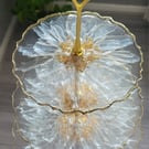 Handmade 3 Tier Epoxy Resin Cake Stand, Gold Leaf Centre & Glitter in Clear Resi