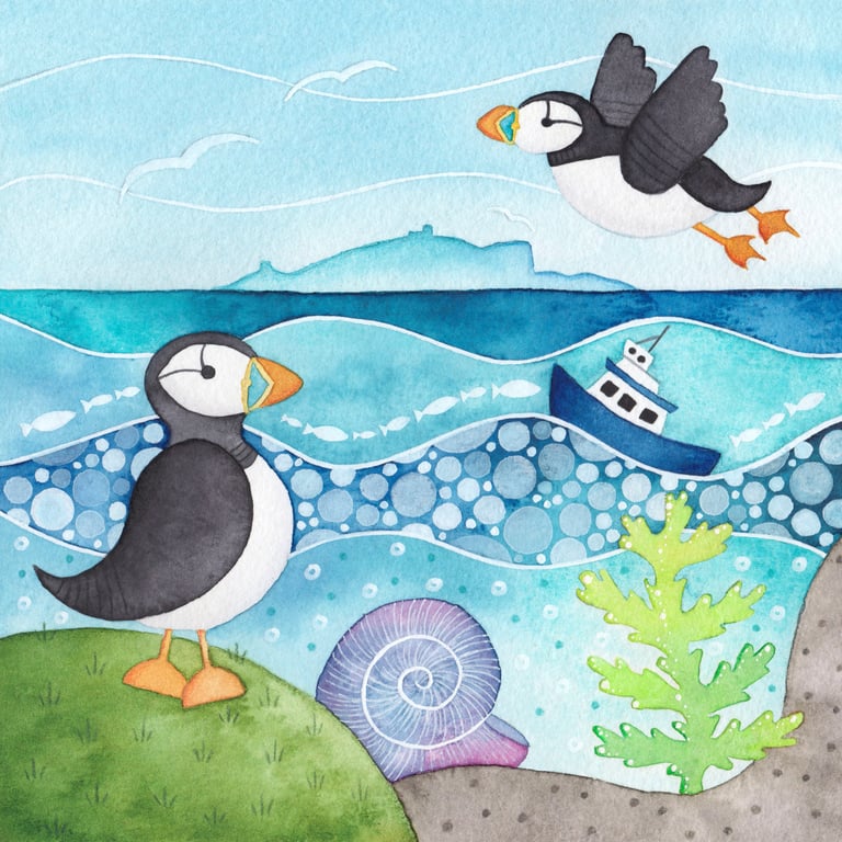 Puffin Framed Print. Cute Seaside Watercolour Art Painting. East Neuk of Fife.