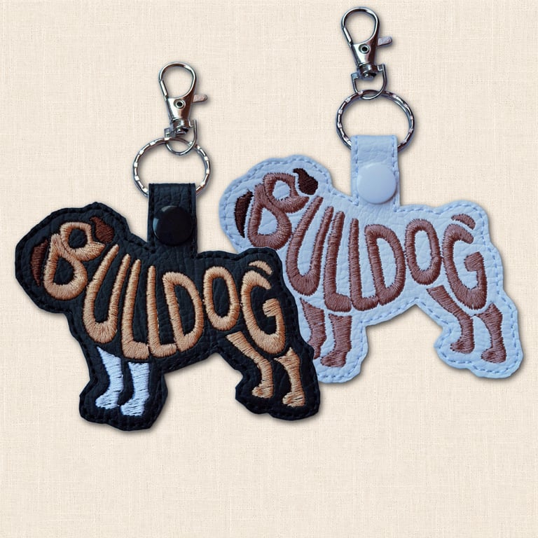 Bulldog Keyring - Embroidered Dog Word Art Bag Charm