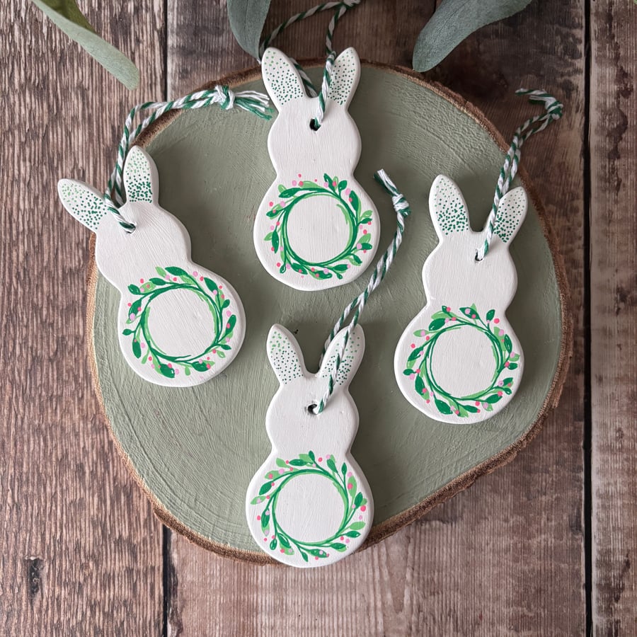 Personalised Easter Bunny: Hand-Lettered Ceramic Ornament with leaf decoration