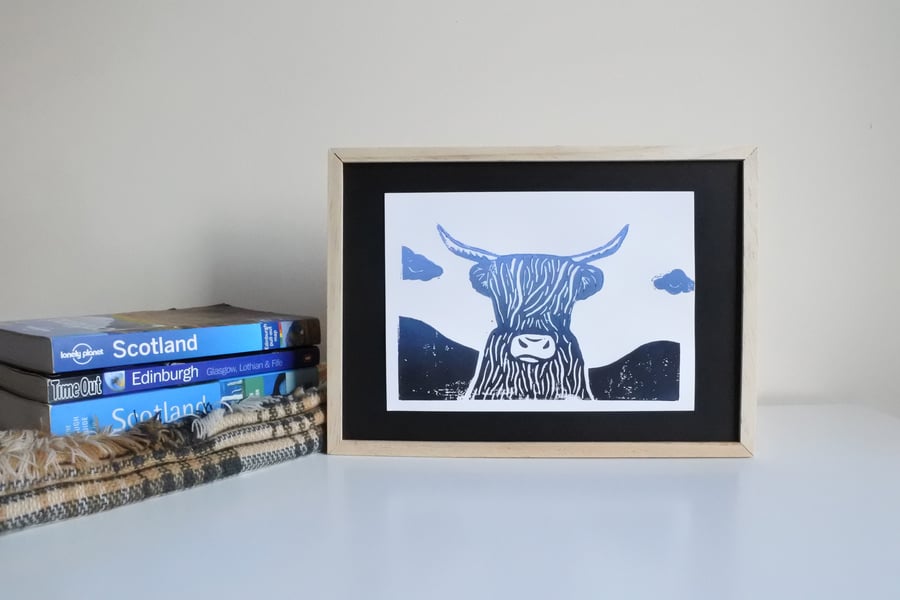 Midnight Highland Cow – Original Handmade Lino Print