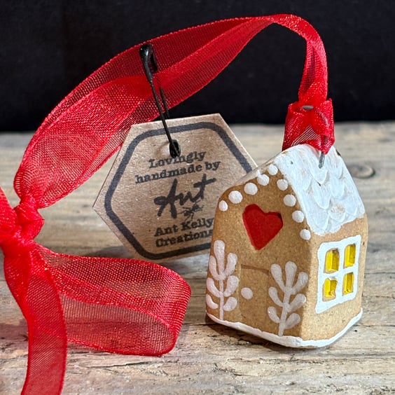 Hand painted teeny gingerbread house hanging decoration
