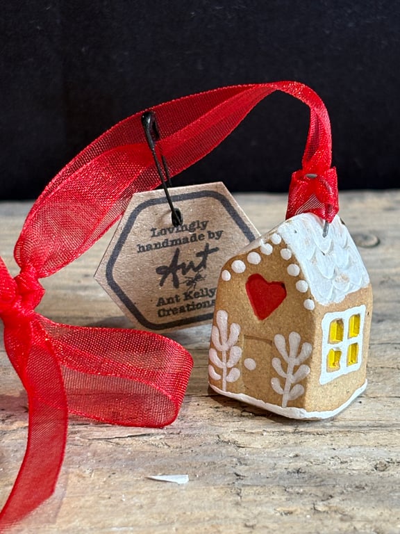 Hand painted teeny gingerbread house hanging decoration