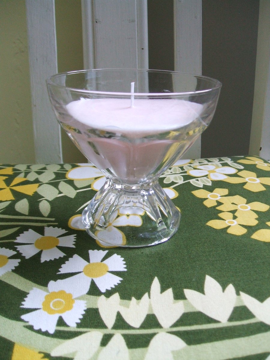 Hand poured pale pink soy wax candle in vintage pressed glass bowl - freesia