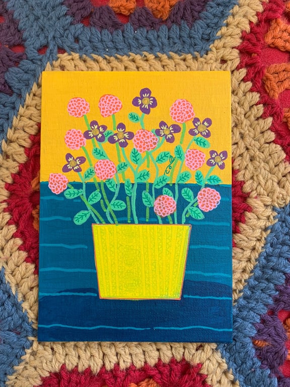 Violets and Chrysanthemums  - Colourful Hand painted Original Art