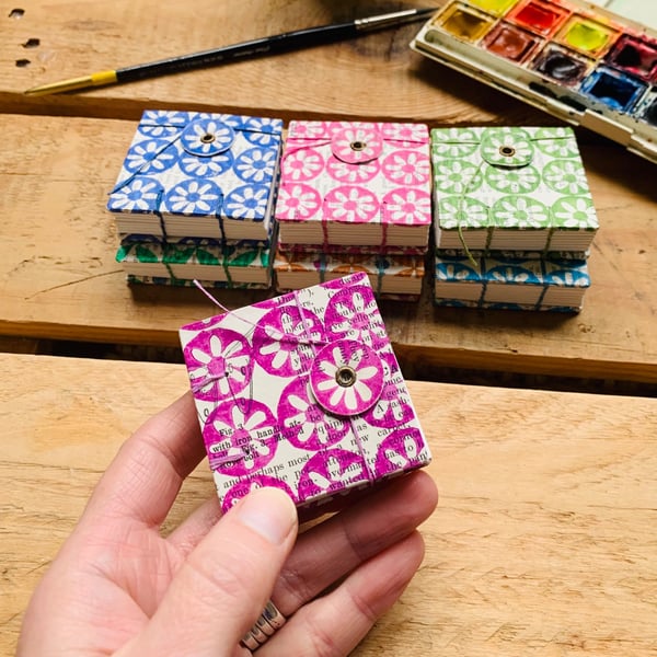 Tiny Watercolour Sketchbook with Hand-printed cover. Garnet.