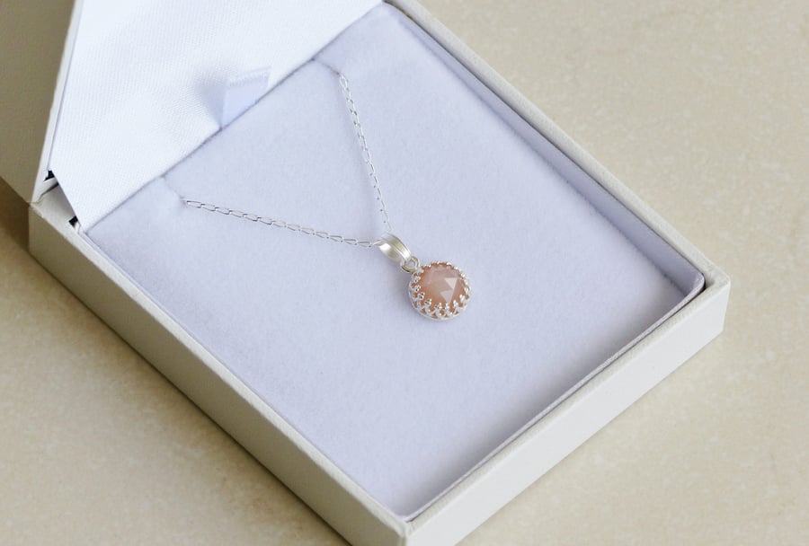 Sterling Silver Peach Moonstone Solitaire pendant, June birthstone necklace